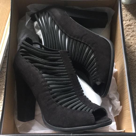 Mia Shoes - MIA black suede open toe strap bootie heels sherri